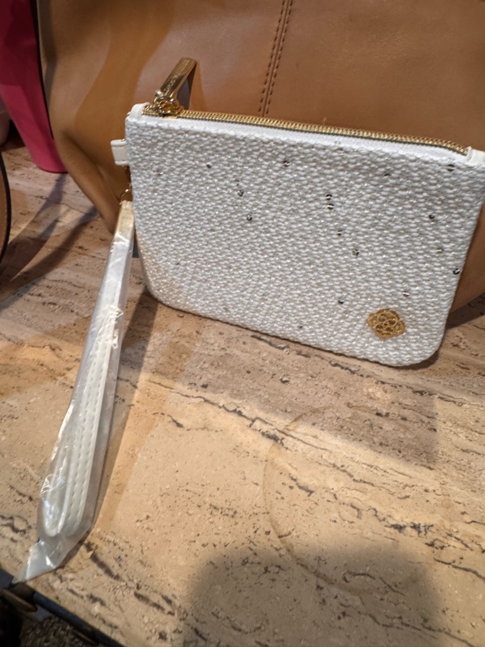 Kendra Scott White Textured Wristlet with Gold Logo